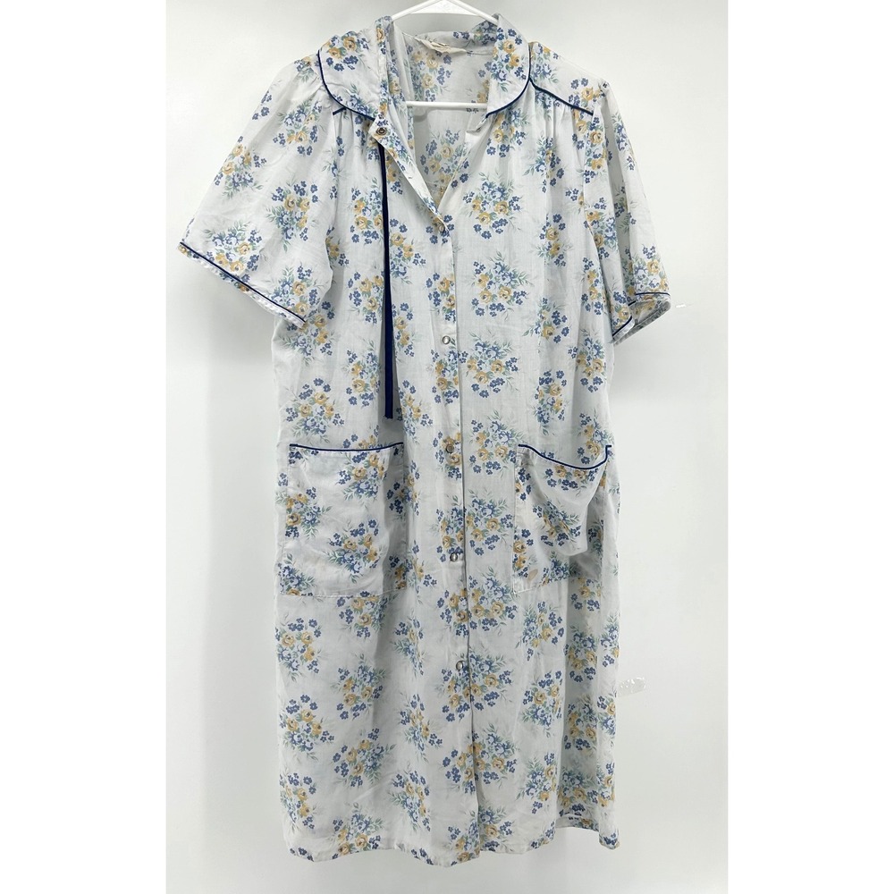 Vintage Carriage Court Floral Snap Front House Dress Duster Blue Yellow Large